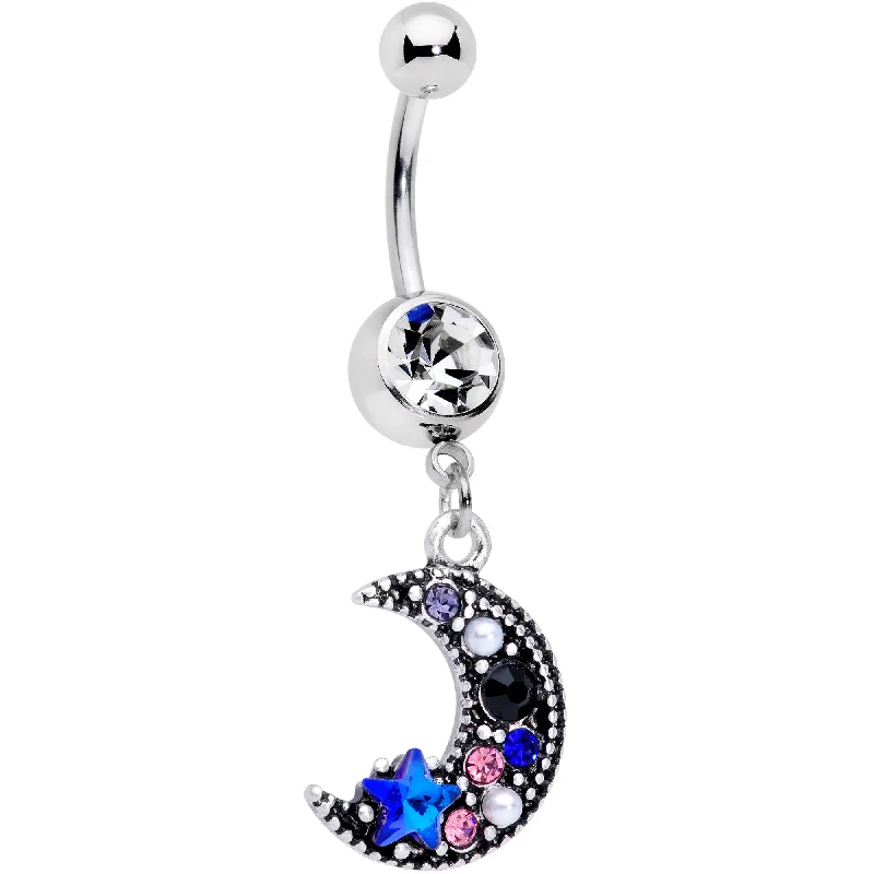 Sparkling Belly Rings for a Dazzling Effect -Clear Blue Black Gem Ornate Crescent Moon Dangle Belly Ring Sparkling Belly Rings for a Dazzling Effect -Clear Blue Black Gem Ornate Crescent Moon Dangle Belly Ring