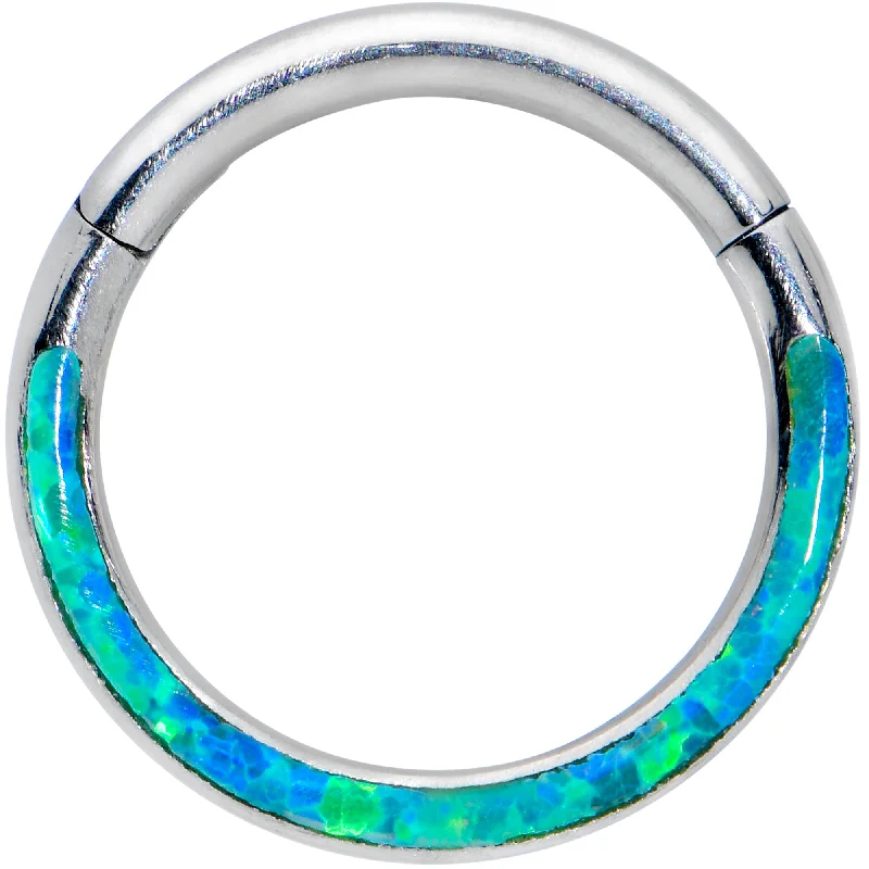Large Nose Rings -16 Gauge 5/16 Green Synthetic Opal Bottom Curve Hinged Segment Ring Large Nose Rings -16 Gauge 5/16 Green Synthetic Opal Bottom Curve Hinged Segment Ring