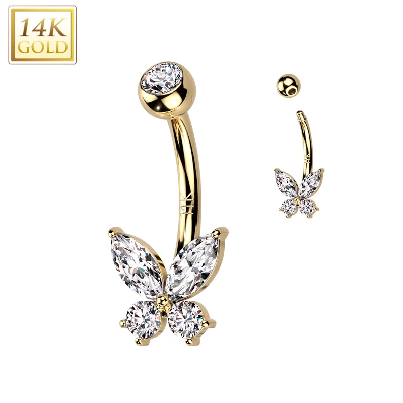 Unique Belly Rings with Artistic Shine -14kt Solid Yellow Gold Cubic Zirconia Butterfly Belly Ring Unique Belly Rings with Artistic Shine -14kt Solid Yellow Gold Cubic Zirconia Butterfly Belly Ring