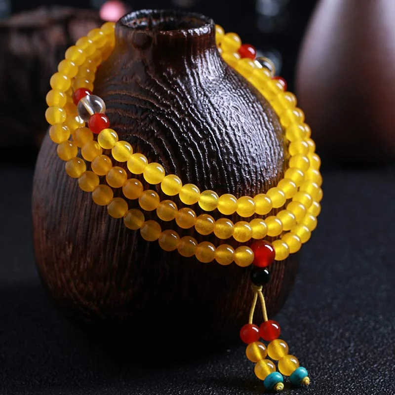 Unique Men's Stretch Bracelets-Buddha Stones 108 Mala Beads Yellow Chalcedony Harmony Bracelet