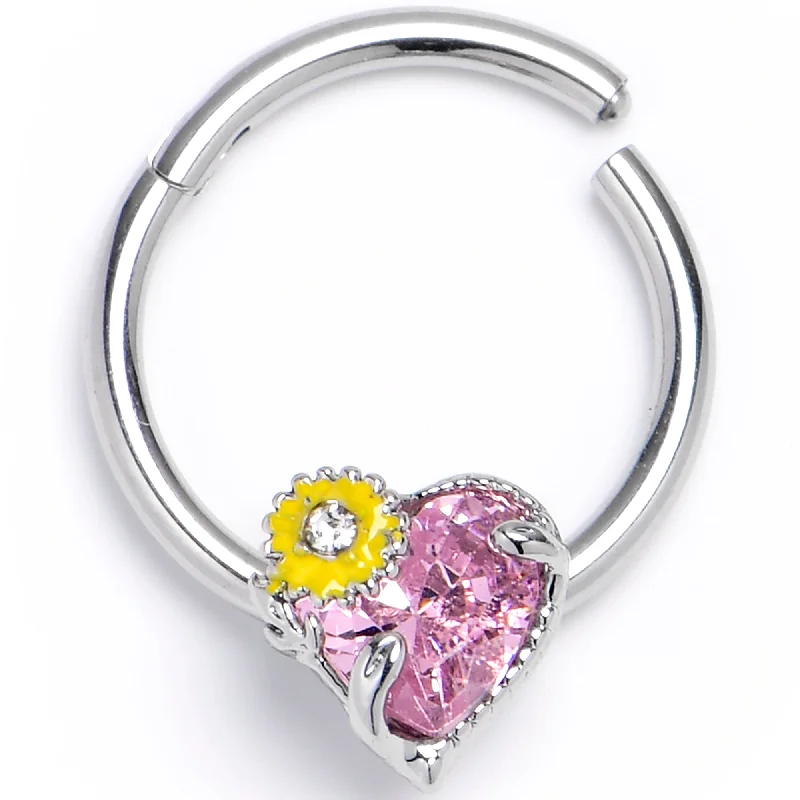 Fashion Nose Rings -16 Gauge 3/8 Pink Clear Gem Sunflower Heart Love Hinged Segment Ring Fashion Nose Rings -16 Gauge 3/8 Pink Clear Gem Sunflower Heart Love Hinged Segment Ring