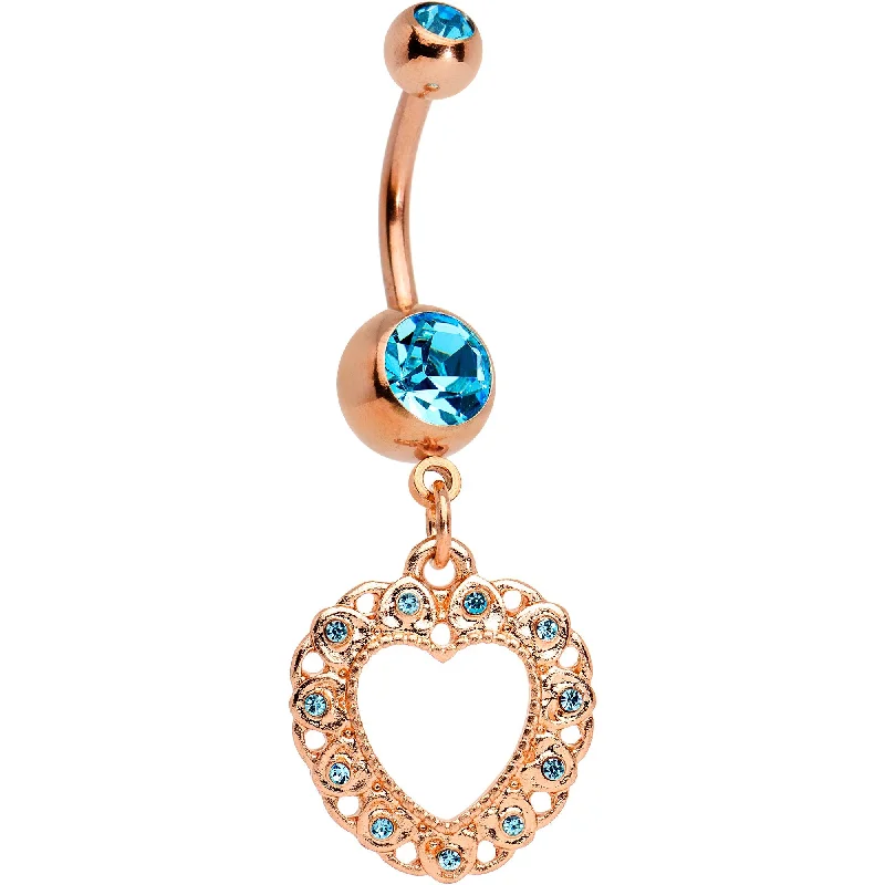 Designer Belly Rings with Custom Features -Aqua Gem Rose Gold Tone Anodized Lacey Hollow Heart Dangle Belly Ring Designer Belly Rings with Custom Features -Aqua Gem Rose Gold Tone Anodized Lacey Hollow Heart Dangle Belly Ring