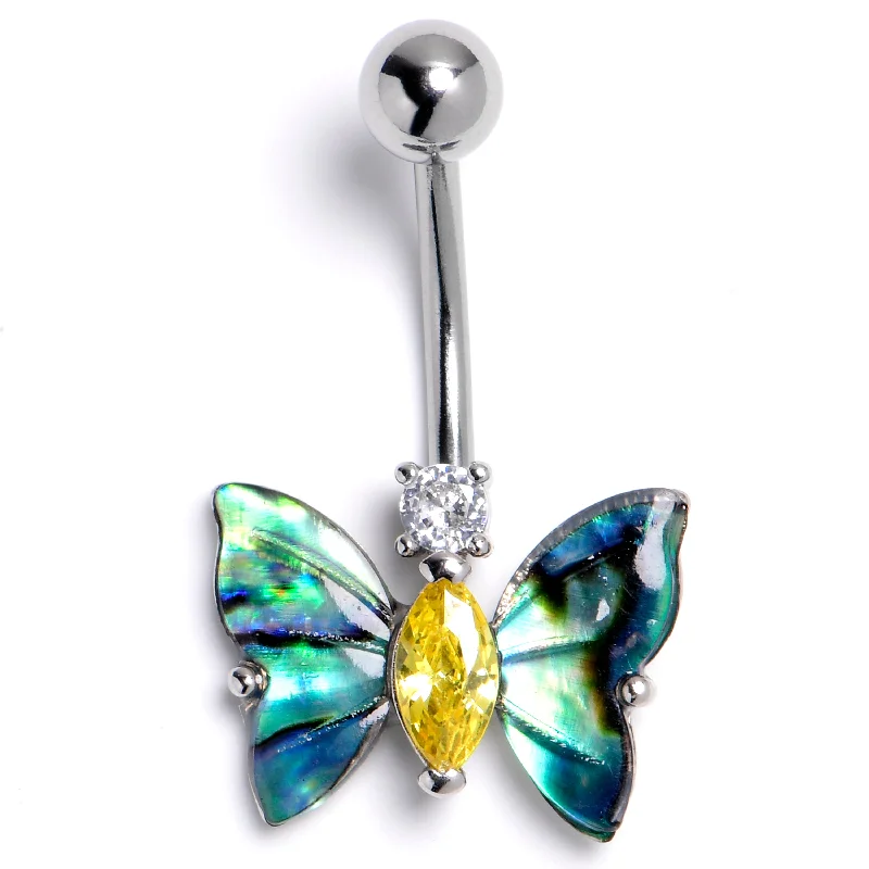 Simple Belly Rings for a Clean Look -Clear Yellow Gem Dark Butterfly Belly Ring