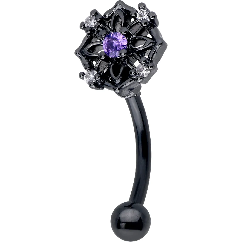 Women's Earrings – Elegant Designs for Every Personality--16 Gauge 5/16 Purple CZ Gem Black Flower Ring Curved Eyebrow Ring Women's Earrings – Elegant Designs for Every Personality--16 Gauge 5/16 Purple CZ Gem Black Flower Ring Curved Eyebrow Ring