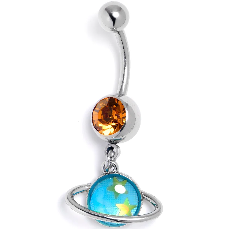 Comfortable Belly Rings for Active Use -Orange Gem Saturn Star Blue Dangle Belly Ring