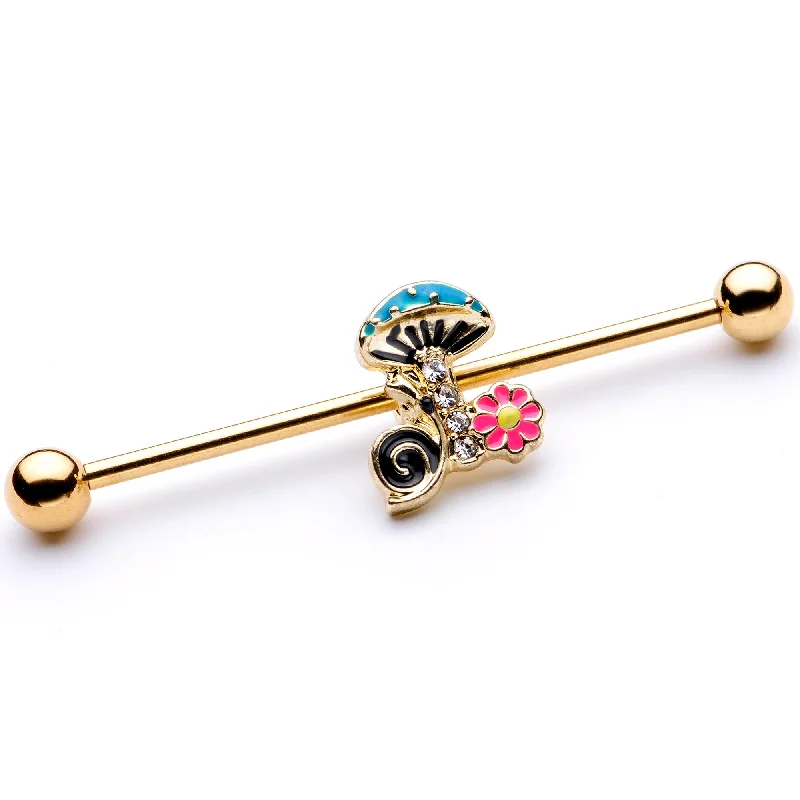 Women's Earrings – Elegant Designs for Every Personality--14 Gauge Gold Tone Snail Flower Magic Mushroom Industrial Barbell 38mm