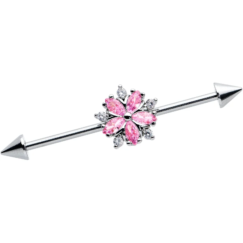 Women's Earrings – Elegant Designs for Every Personality--14 Gauge Pink CZ Gem Floral Baroque Burst Cone Industrial Barbell 38mm