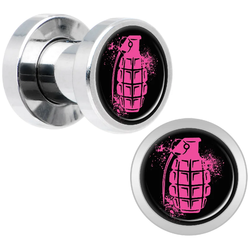 Women's Earrings – Elegant Designs for Every Personality--Pink Grenade Steel Screw Fit Plug Set 4 Gauge Women's Earrings – Elegant Designs for Every Personality--Pink Grenade Steel Screw Fit Plug Set 4 Gauge