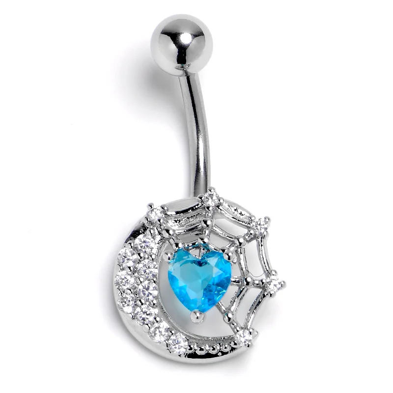 Custom Belly Rings for a Fashionable Look -Clear Blue Gem Heart Web Moon Belly Ring