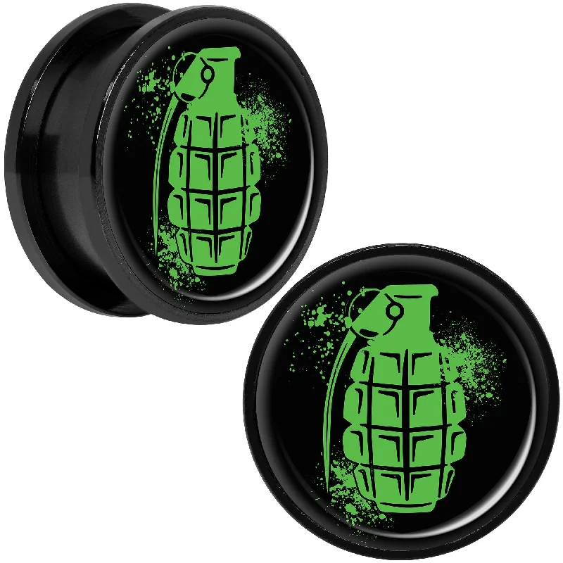 Women's Earrings – Elegant Designs for Every Personality--Green Grenade Black Anodized Screw Fit Plug Set 20mm Women's Earrings – Elegant Designs for Every Personality--Green Grenade Black Anodized Screw Fit Plug Set 20mm