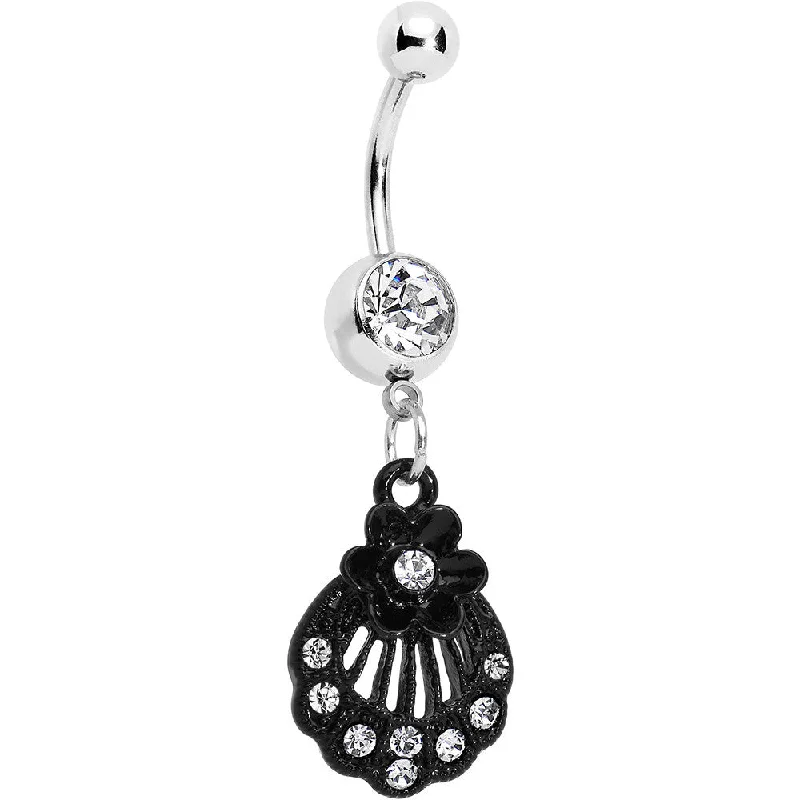 Comfortable Belly Rings for Everyday Style -Clear Czech Stone Black Floral Seashell Dangle Belly Ring Comfortable Belly Rings for Everyday Style -Clear Czech Stone Black Floral Seashell Dangle Belly Ring