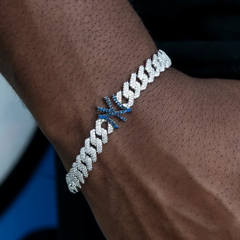 Luxury Bracelets for Men-New York Yankees Official MLB Diamond Prong Cuban Bracelet in White Gold- 8.5mm Luxury Bracelets for Men-New York Yankees Official MLB Diamond Prong Cuban Bracelet in White Gold- 8.5mm
