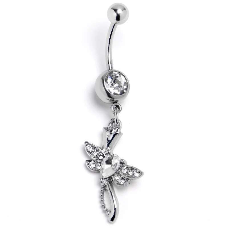 Stylish Belly Rings for Bold Statements -Clear Gem Bold Dragonfly Dangle Belly Ring
