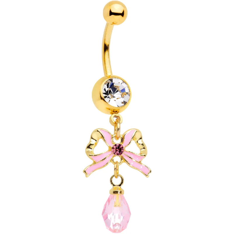 Beautiful Belly Rings for Everyday Glam -Clear Pink Gem Gold Tone Pink Bow Dangle Belly Ring Beautiful Belly Rings for Everyday Glam -Clear Pink Gem Gold Tone Pink Bow Dangle Belly Ring