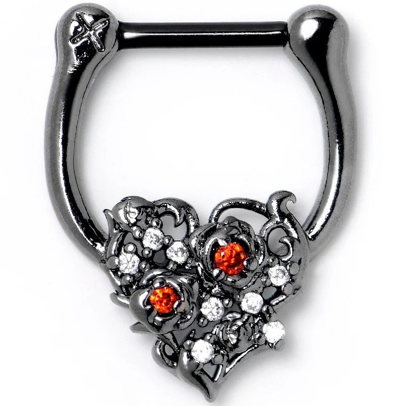 Nose Rings with Bold Gems -16 Gauge 5/16 Red Clear CZ Black Floral Heart Cartilage Clicker Nose Rings with Bold Gems -16 Gauge 5/16 Red Clear CZ Black Floral Heart Cartilage Clicker