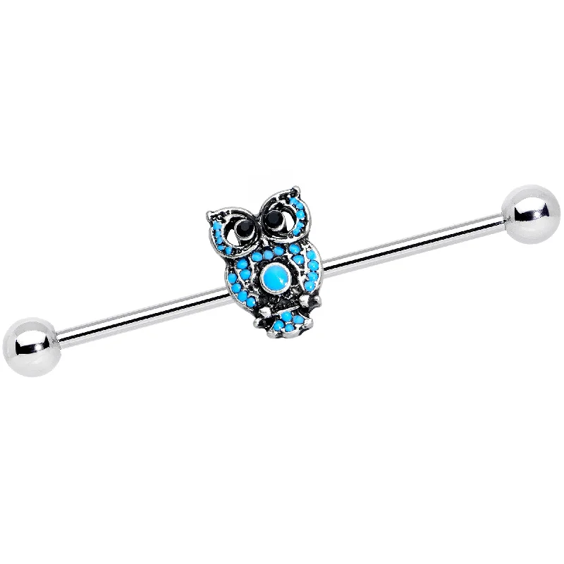 Women's Earrings – Elegant Designs for Every Personality--14 Gauge Black Gem Ornate Blue Owl Industrial Barbell 38mm
