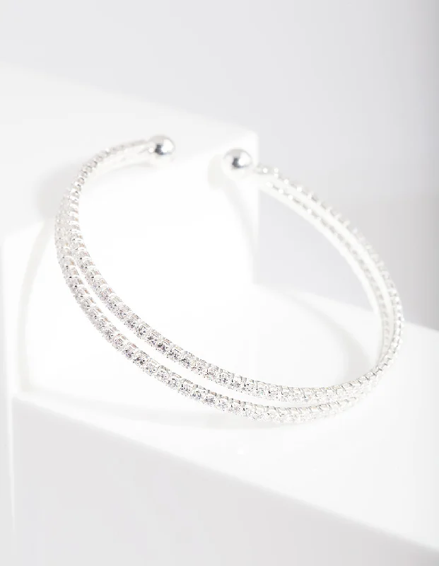 Handcrafted Bangles for Women-Silver Cubic Zirconia 2 Row Cuff Bracelet