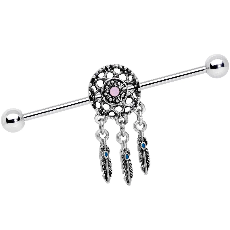 Women's Earrings – Elegant Designs for Every Personality--14 Gauge Pink Faux Opal Feather Dreamcatcher Dangle Industrial Barbell 38mm
