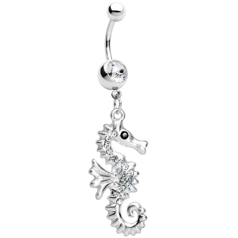 Trendy Belly Rings for Fashion-Forward Women -Clear Gem Seahorse Dangle Belly Ring
