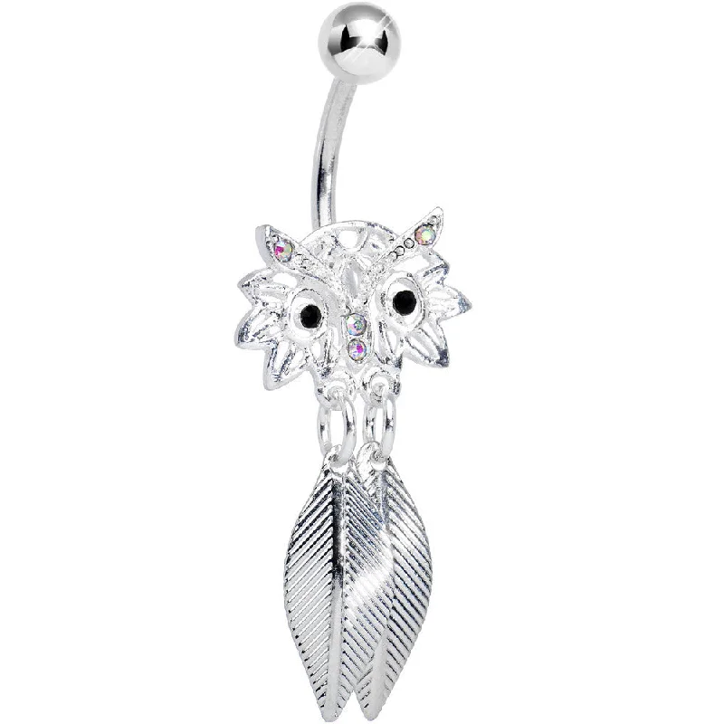 Belly Rings with Vibrant Gemstone Colors -Aurora Gem Gleaming Feathers Surprised Owl Dangle Belly Ring