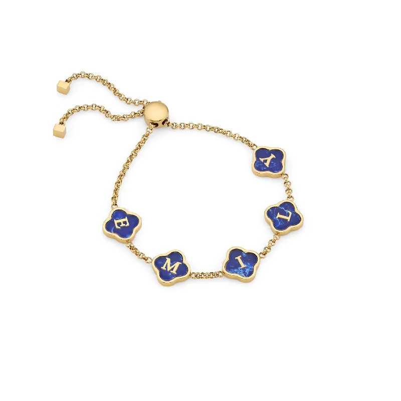 Handcrafted Wedding Bangles for Women-Blue Lace Agate Clover Custom Name Bracelet (Gold)