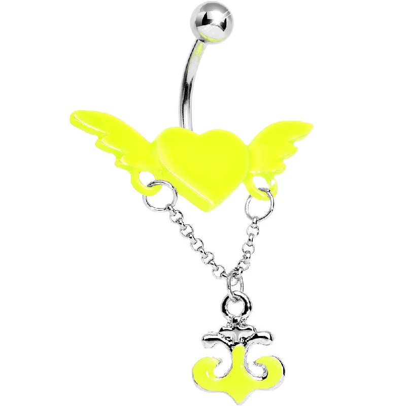 Unique Belly Rings with Sparkling Stones -Neon Yellow Angel Wing Heart with Nautical Anchor Drop Dangle Belly Ring