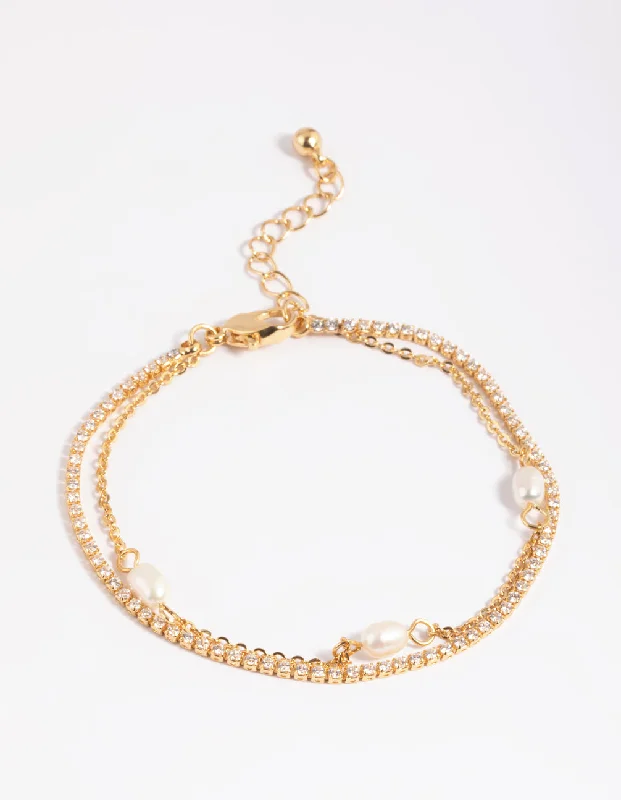 Sterling Silver Bangles with Gemstones-Gold Plated Cubic Zirconia Cupchain & Pearl Bracelets 2-Pack