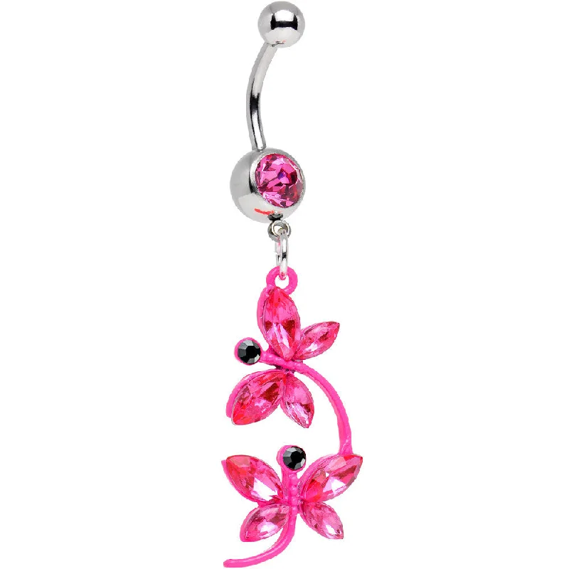 Comfortable Belly Rings for Sensitive Piercings -Pink Gem Dazzling Duo of Dragonflies Dangle Belly Ring Comfortable Belly Rings for Sensitive Piercings -Pink Gem Dazzling Duo of Dragonflies Dangle Belly Ring