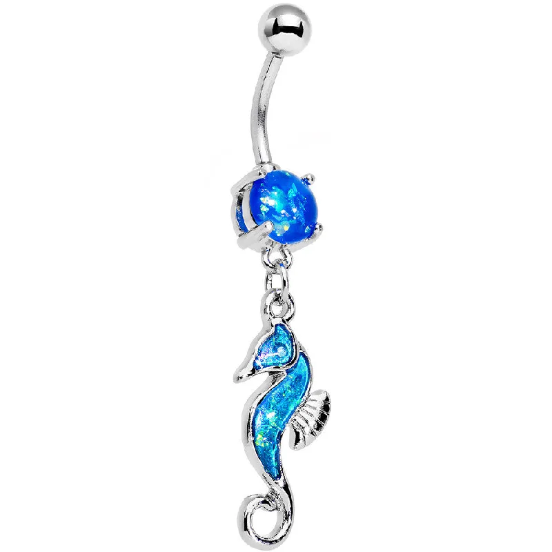 Comfortable Belly Rings with Custom Fit -Blue Faux Opal See You Later Seahorse Dangle Belly Ring Comfortable Belly Rings with Custom Fit -Blue Faux Opal See You Later Seahorse Dangle Belly Ring