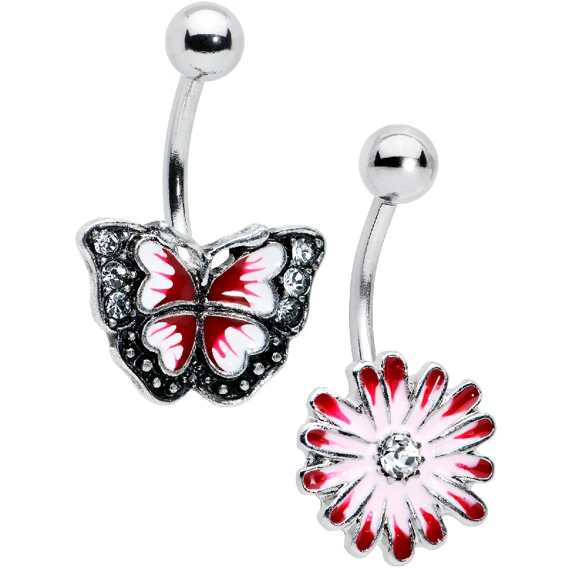 Elegant Belly Rings for Special Celebrations -Clear Gem Red Light Pink Butterfly Flower Belly Ring Set of 2 Elegant Belly Rings for Special Celebrations -Clear Gem Red Light Pink Butterfly Flower Belly Ring Set of 2
