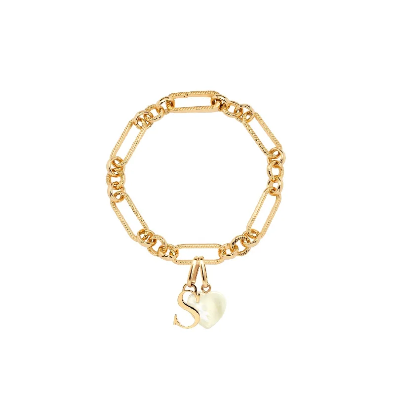 Handcrafted Wedding Bangles for Women-Letter & Birthstone Figaro Chain Bracelet (Gold)