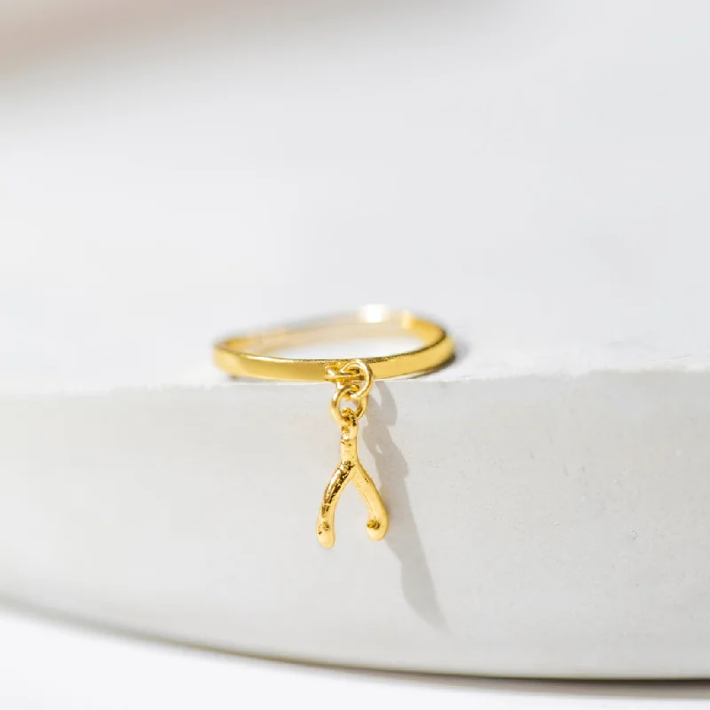 Chic Women's Rings for Fashion-Forward Looks-Wishbone Charm Ring - Gold