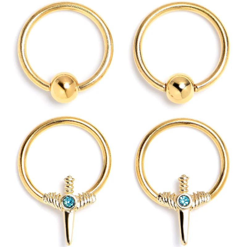 Women's Earrings – Elegant Designs for Every Personality--16 Gauge 3/8 Blue Gem Gold Tone Style Knife BCR Captive Ring Set of 4