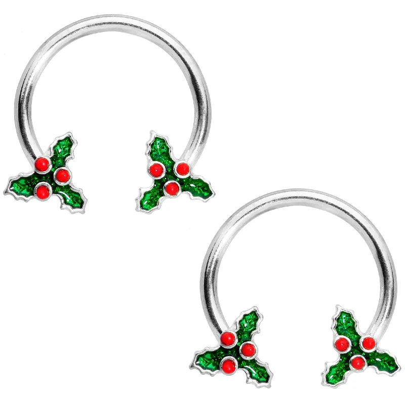 Comfortable Lip Rings for Modern Style14 Gauge 9/16 Holly Christmas Horseshoe Nipple Ring Set Comfortable Lip Rings for Modern Style14 Gauge 9/16 Holly Christmas Horseshoe Nipple Ring Set