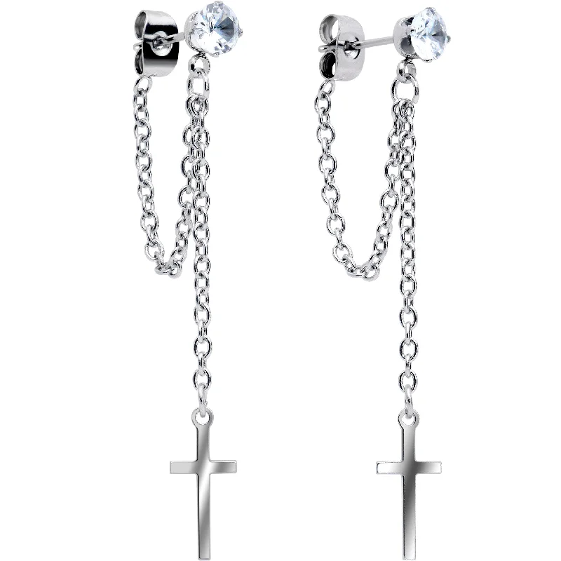 Women's Earrings – Elegant Designs for Every Personality--Clear Gem Chain Dangle Cross Stud Earrings Women's Earrings – Elegant Designs for Every Personality--Clear Gem Chain Dangle Cross Stud Earrings