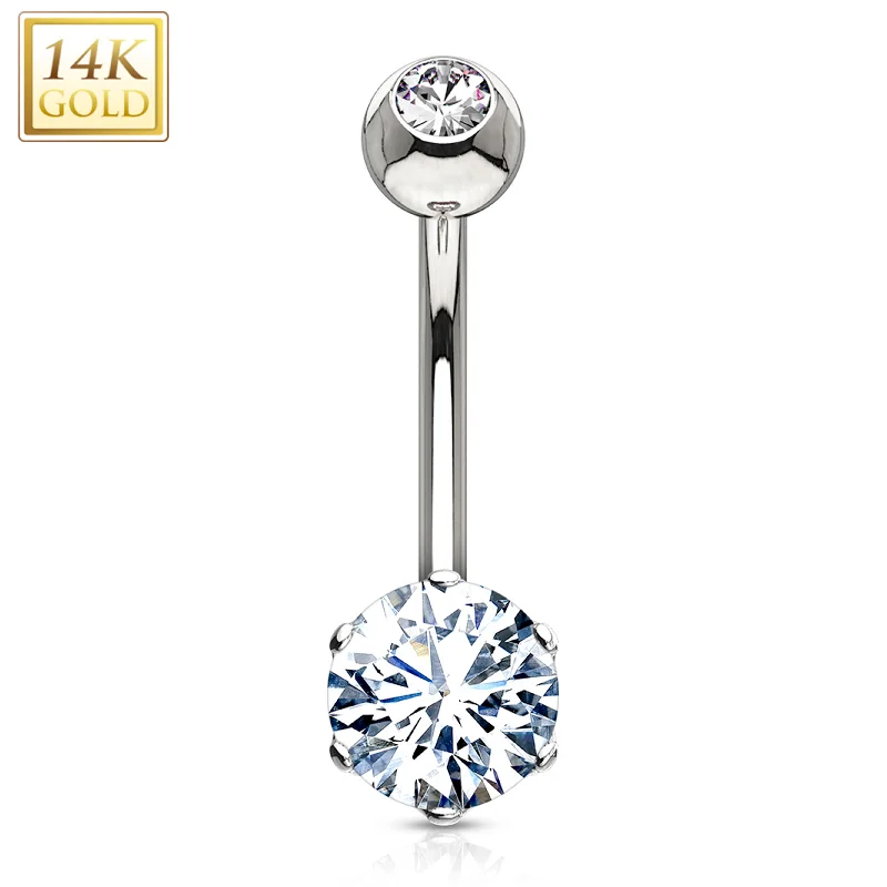 Belly Rings with Custom Features for Personalized Style -14kt Solid White Gold 6-Prong Set 6mm CZ Belly Ring Belly Rings with Custom Features for Personalized Style -14kt Solid White Gold 6-Prong Set 6mm CZ Belly Ring