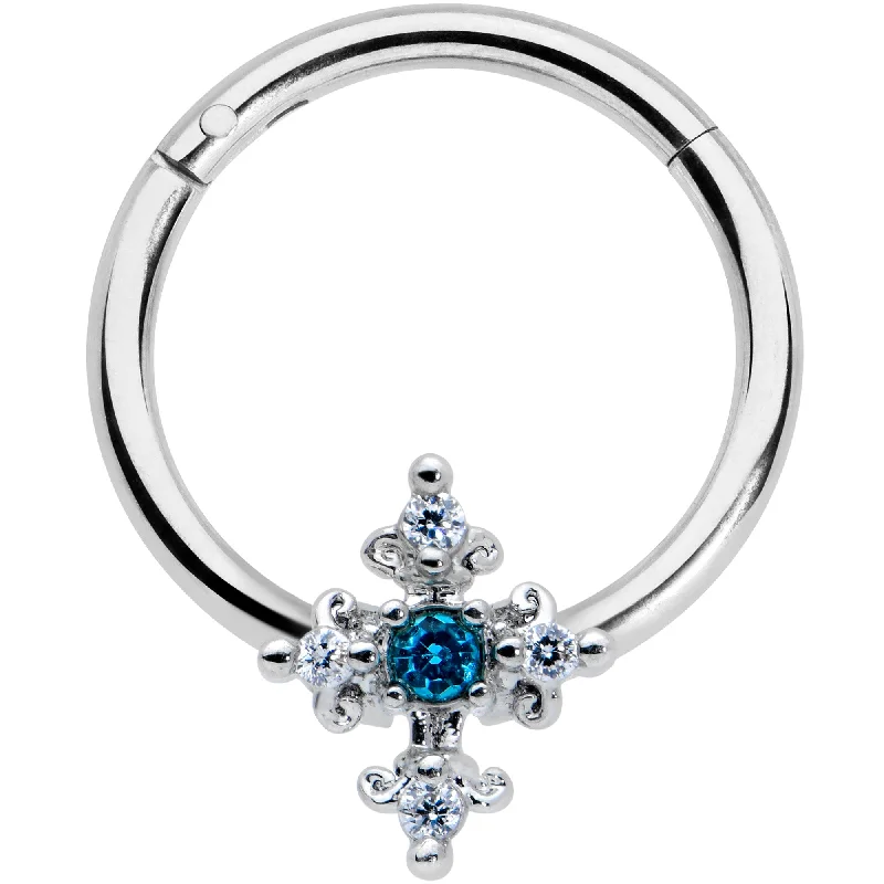 Artistic Nose Rings -16 Gauge 3/8 Clear Blue Gem Renaissance Cross Hinged Segment Ring Artistic Nose Rings -16 Gauge 3/8 Clear Blue Gem Renaissance Cross Hinged Segment Ring