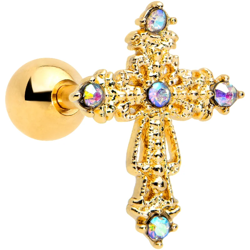 Women's Earrings – Elegant Designs for Every Personality--16 Gauge 1/4 Aurora CZ Gem Gold Tone Elegant Cross Cartilage Tragus
