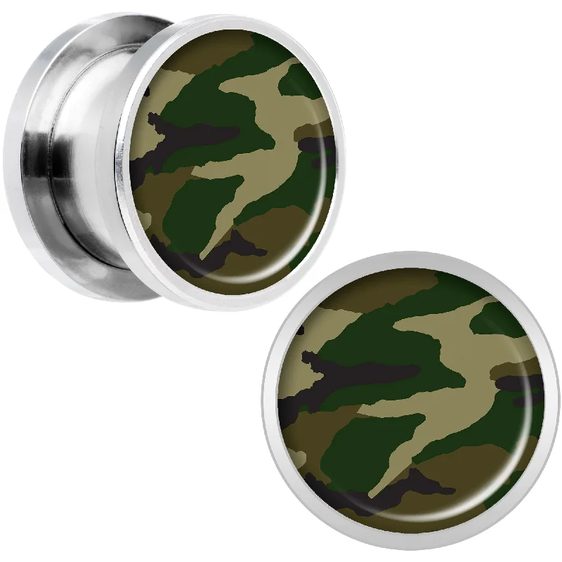Women's Earrings – Elegant Designs for Every Personality--Woodland Camo Print Steel Screw Fit Plug Set 1/2 Women's Earrings – Elegant Designs for Every Personality--Woodland Camo Print Steel Screw Fit Plug Set 1/2