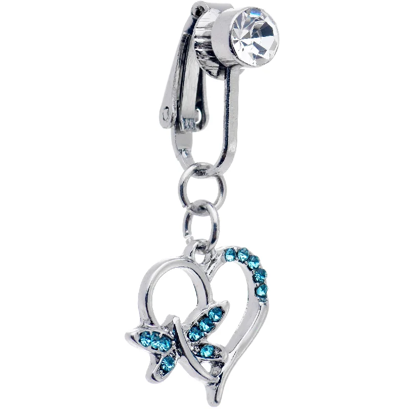Trendy Belly Rings for Bold Statement -Blue CZ Gem Dragonfly Heart Dangle Clip on Fake Belly Ring Trendy Belly Rings for Bold Statement -Blue CZ Gem Dragonfly Heart Dangle Clip on Fake Belly Ring