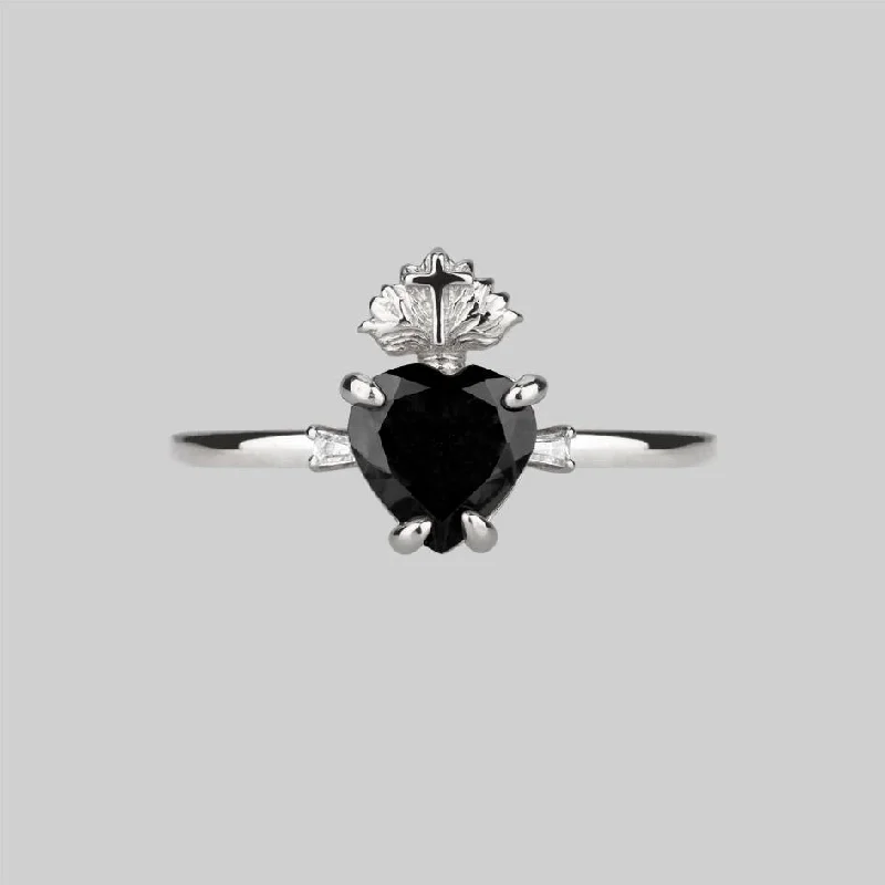 Chic Women's Rings for Fashion-Forward Looks-The Sacred Heart Black Spinel Ring - Silver Chic Women's Rings for Fashion-Forward Looks-The Sacred Heart Black Spinel Ring - Silver