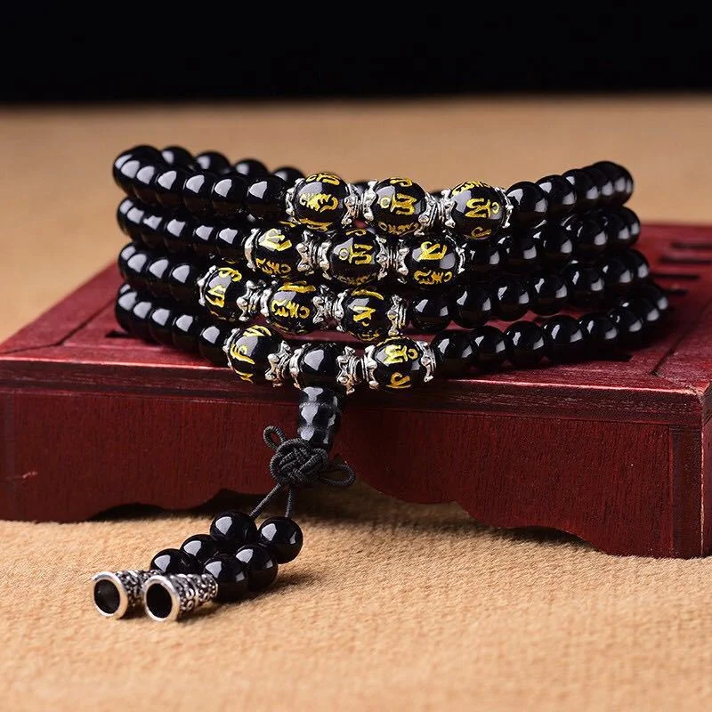 Stylish Bracelets for Men with Simple Bands-Buddha Stones Black Obsidian Six True Words Protection Mala Bracelet Stylish Bracelets for Men with Simple Bands-Buddha Stones Black Obsidian Six True Words Protection Mala Bracelet
