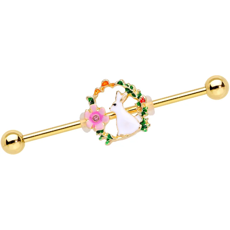 Women's Earrings – Elegant Designs for Every Personality--14 Gauge Clear Gem Gold Tone Bunny Flower Industrial Barbell 38mm