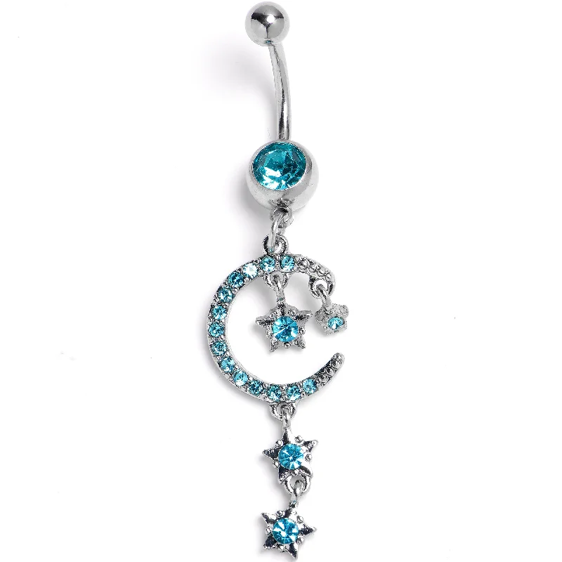 Unique Belly Rings for Bold Fashion Statements -Blue Gem Crescent Moon and Stars Dangle Internally Threaded Belly Ring Unique Belly Rings for Bold Fashion Statements -Blue Gem Crescent Moon and Stars Dangle Internally Threaded Belly Ring