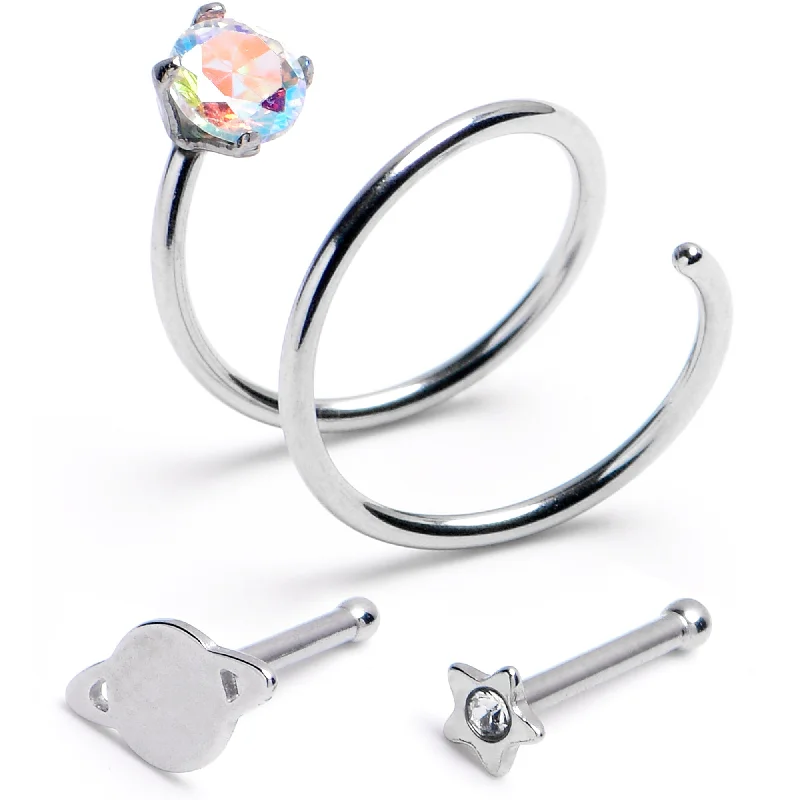 Nose Rings with Emerald Stones -20 Gauge Clear Aurora Gem Spiral Saturn Star Nose Bone Set of 3