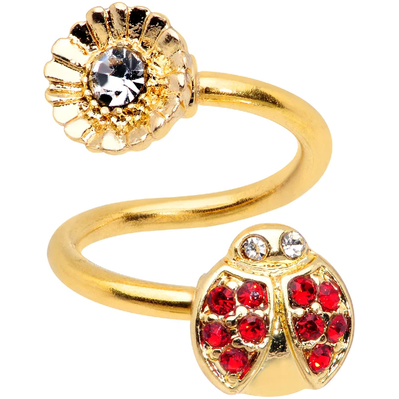 Trendy Belly Rings with Stylish Accents -Red Clear Gem Gold Tone Ladybug Flower Spiral Twister Belly Ring Trendy Belly Rings with Stylish Accents -Red Clear Gem Gold Tone Ladybug Flower Spiral Twister Belly Ring