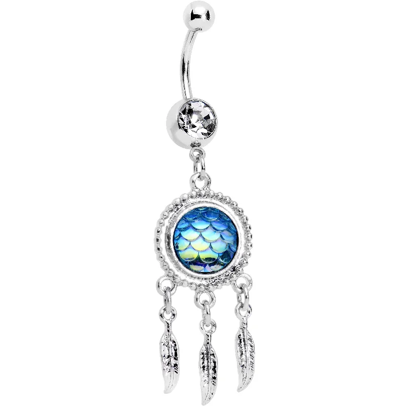 Comfortable Belly Rings for Everyday Use -Clear Gem Aqua Mermaid Scale Feather Dreamcatcher Dangle Belly Ring Comfortable Belly Rings for Everyday Use -Clear Gem Aqua Mermaid Scale Feather Dreamcatcher Dangle Belly Ring