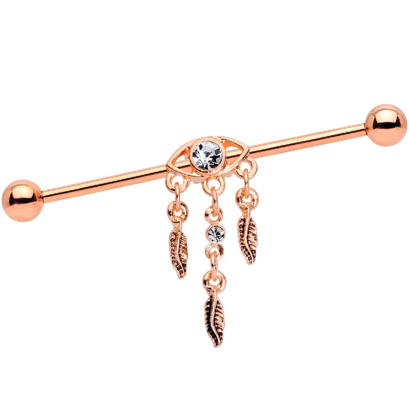 Women's Earrings – Elegant Designs for Every Personality--Clear Gem Rose Gold Tone Eye Feather Dangle Industrial Barbell 38mm Women's Earrings – Elegant Designs for Every Personality--Clear Gem Rose Gold Tone Eye Feather Dangle Industrial Barbell 38mm