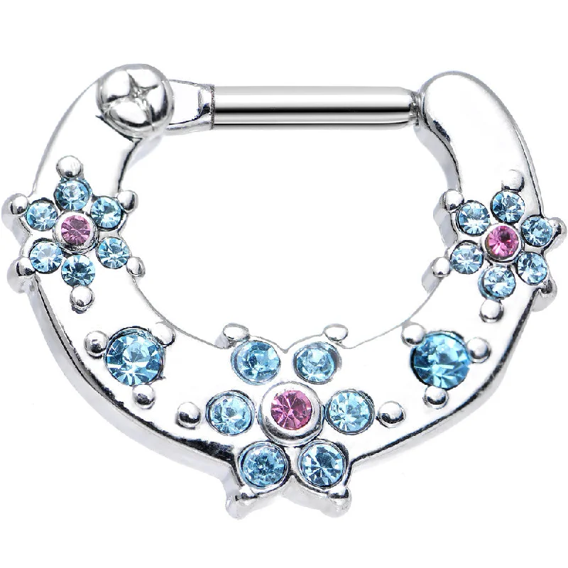Nose Rings with Pearls and Gems -14 Gauge 5/16 Aqua and Pink Gem Flowers Septum Clicker Nose Rings with Pearls and Gems -14 Gauge 5/16 Aqua and Pink Gem Flowers Septum Clicker