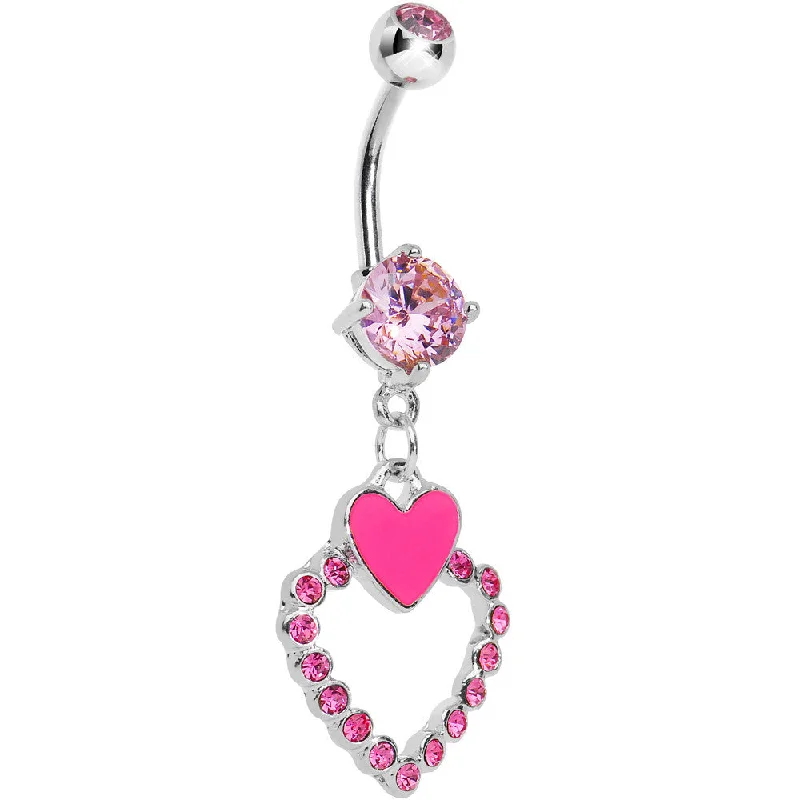 Unique Belly Rings for Bold Style -Pink Gem Paved Hollow and Pink Heart Dangle Belly Ring Unique Belly Rings for Bold Style -Pink Gem Paved Hollow and Pink Heart Dangle Belly Ring